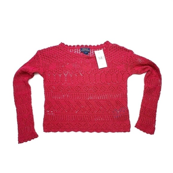 Polo Ralph Lauren Girl’s Sweater Size 6 Raspberry Red Cotton Knit Crocheted NWT - Picture 1 of 6